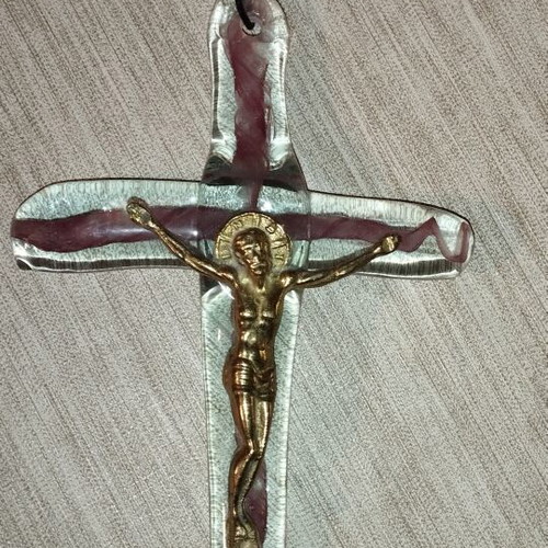 Handmade Murano-style Glass Wall Crucifix with Bronze Christ Figure