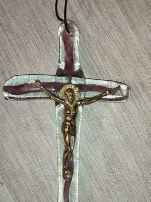 Handmade Murano-style Glass Wall Crucifix with Bronze Christ Figure