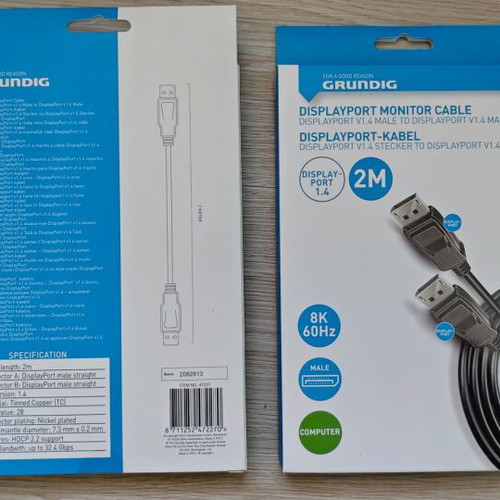 Grundig DisplayPort 1.4 Male to Male cables new, 2 meters, pack of 2