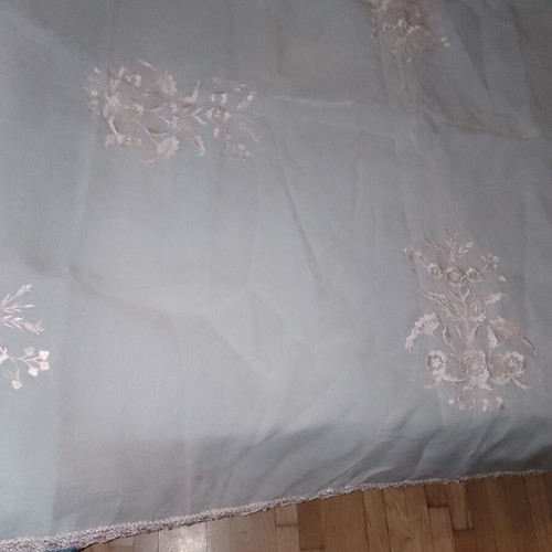 Large pink salmon silk tablecloth with embroidery and lace