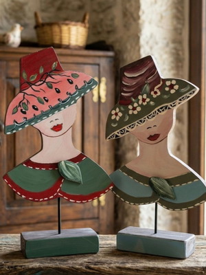 Wooden decorative female figures on base, new, acrylic painted