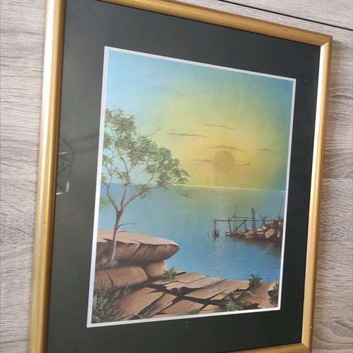 Sunset sea painting used with gold frame and glass