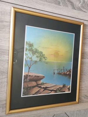 Sunset sea painting used with gold frame and glass