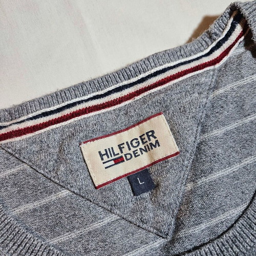 Hilfiger Denim men's grey striped sweater size L like new
