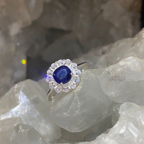 Handmade silver ring with natural blue sapphire and moissanites, new