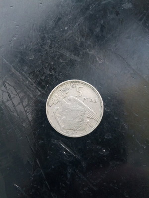 Coin 5 Pesetas Spain 1957 used, Franco