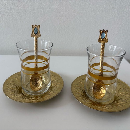 Turkish metal tea set in gold tone like new
