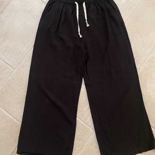 Black wide-leg pants with elastic waist and drawstring, size L-XL