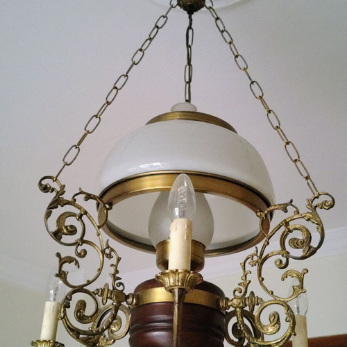 Vintage Brass Chandelier Neoclassical | Large Opaline & Candles | Rare