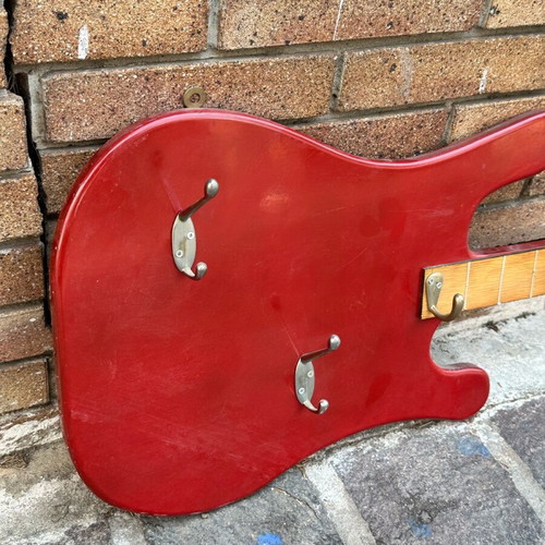 Wall hanger in electric guitar shape used, handmade with metal hooks