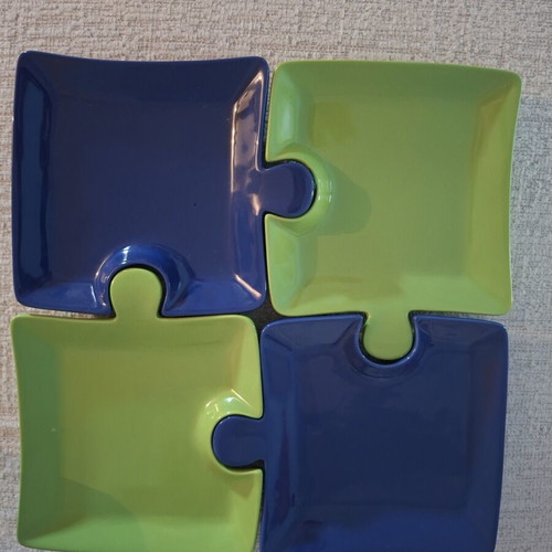 Puzzle Ceramic Snack Plates Set of 4 in Blue and Green