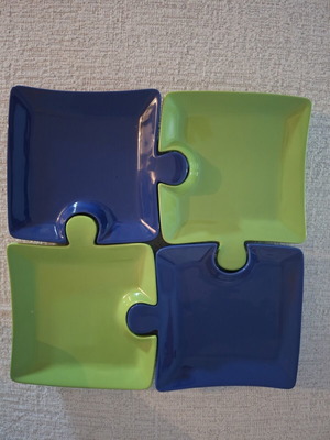 Puzzle Ceramic Snack Plates Set of 4 in Blue and Green