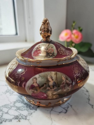 Vintage porcelain fondue pot burgundy with gold details like new