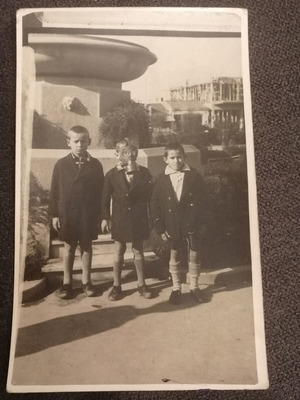 Maskoforos vintage photo with children wearing gas mask used