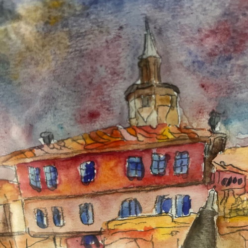 Original watercolor painting Tryavna, framed with passepartout, 30x40 cm