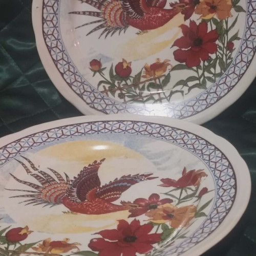 Collectible Chinese plates used, set of 2, ceramic with red bird design