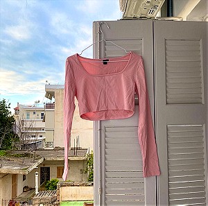 Ροζ σετ μιντι φούστα crop top μπλούζα ribbed