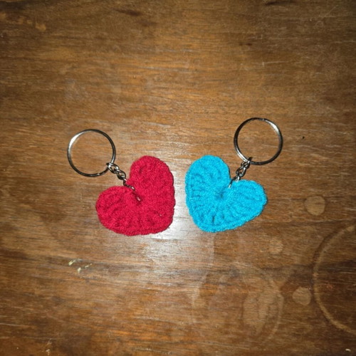 Crochet heart keychains, handmade, blue and red