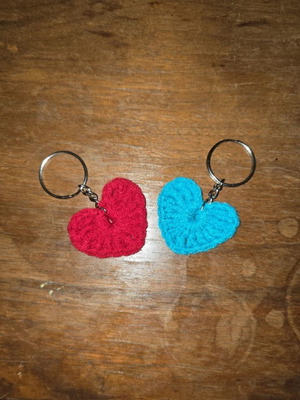 Crochet heart keychains, handmade, blue and red