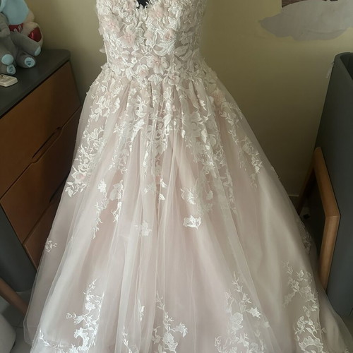 Romantic princess line wedding dress with 3D lace blush ivory like new