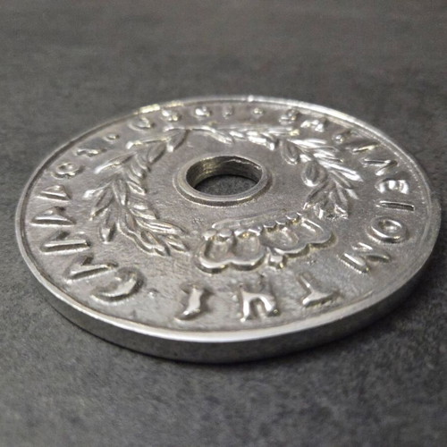 Coaster 20 lepta (drachma) used, pierced 1969 coin, aluminum