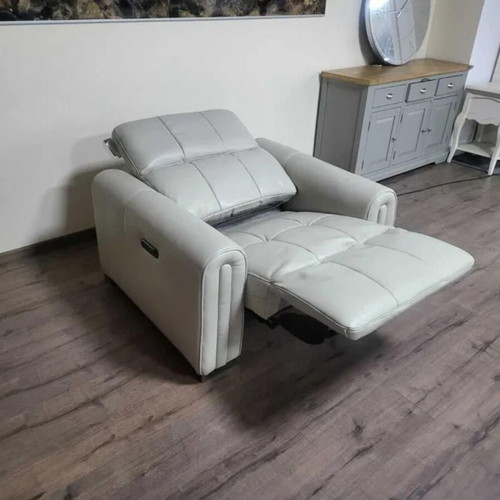 Light gray-cream leather armchair with electric relax mechanism new
