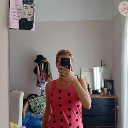 Pink top with black polka dots, size M