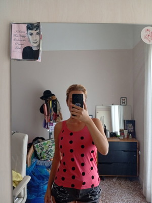 Pink top with black polka dots, size M