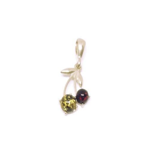 Silver cherry pendant new with brown and green amber