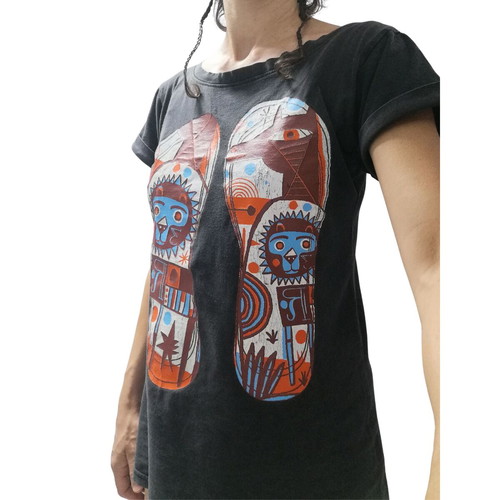 Y2K Skater Tee used, colorful boho print, black cotton, S-M