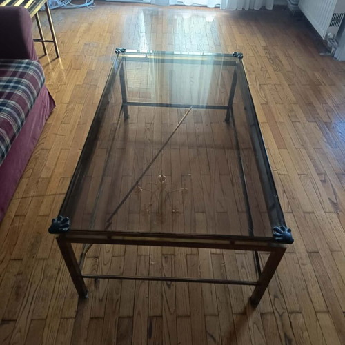 Vintage coffee tables set with brass frame and smoked glass used