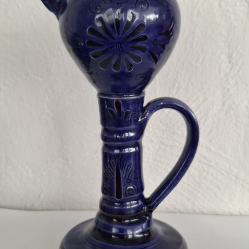 Handmade ceramic oil lamp with Sifnos style, cobalt blue, like new
