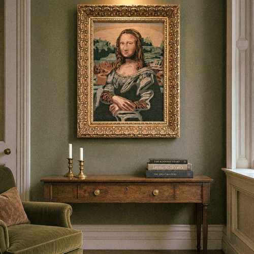 Vintage Handmade Gobelin Mona Lisa with Gold Baroque Frame