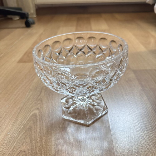 Vintage glass bowl with foot, embossed geometric pattern