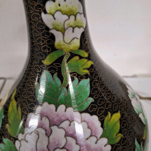 Pair of used cloisonné lamps 37 cm with enamel and wooden bases