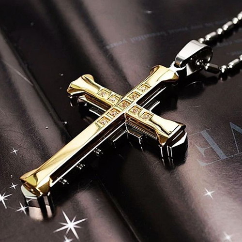 Cross with stones gold color, new, steel, 5.5x3.5 cm