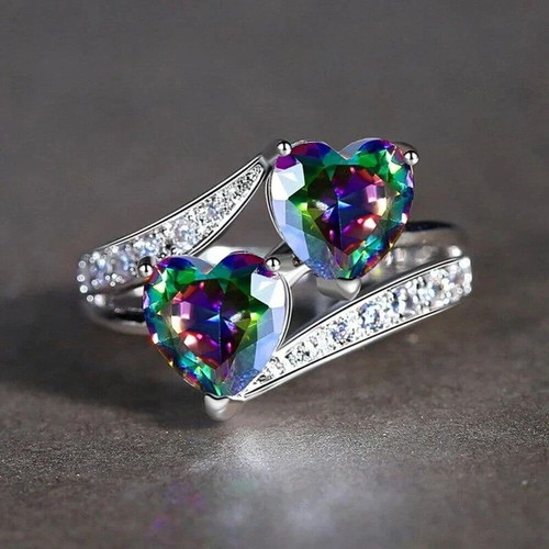 Colorful women's ring with cubic zirconia hearts, new, silver plated