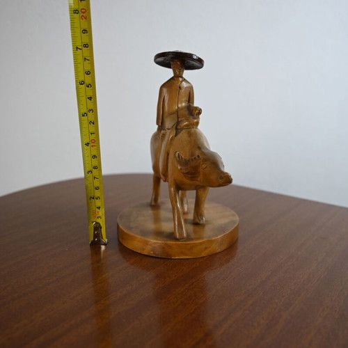Handmade wooden sculpture farmer on buffalo, height 17 cm, like new