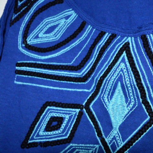Blue sleeveless Promod top with geometric embroidery, size S