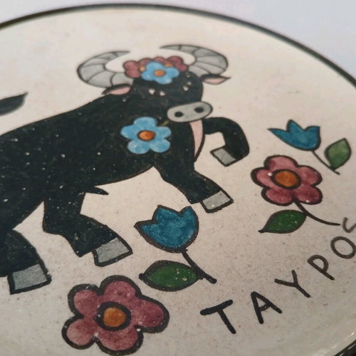 Vintage handmade ceramic plate Taurus zodiac