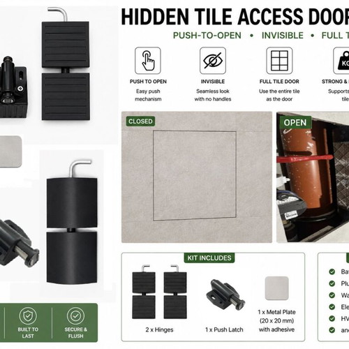 Hidden Tile Access Door System with Hinges and Push-Open Mechanism new