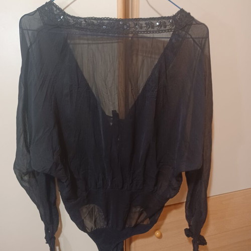 A-Style beaded bodysuit shirt with batwing sleeves, black, S