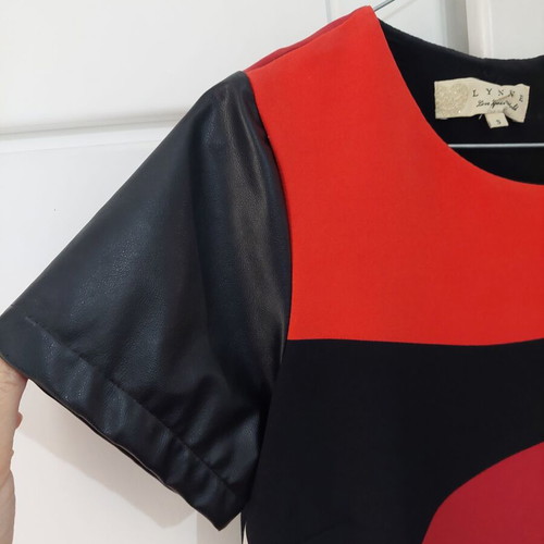 Lynne Small dress like new with leather sleeves, black and red