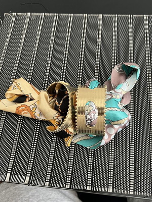 Women's gold metal bracelets with colorful silk scarves, like new