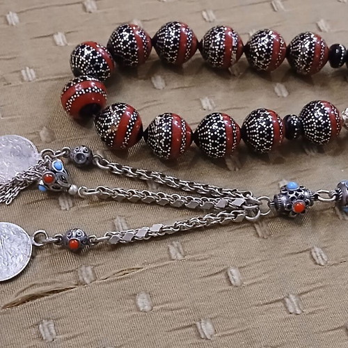Worry beads black coral and silver with red coral, like new