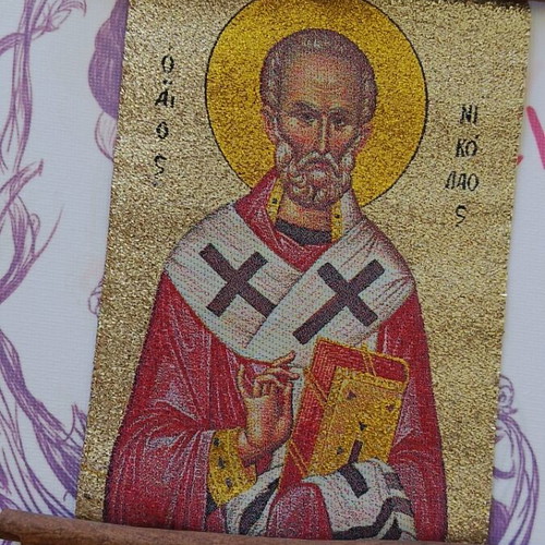 Saint Nicholas icons like new, fabric with cinnamon sticks, set of 2