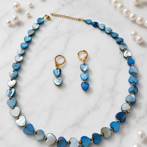 Stainless steel necklace and earrings set, blue and gold