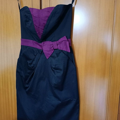 Strapless mini dress like new, black and magenta with bow and pockets, size S