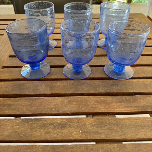 Set of 6 vintage blue bubble glass water wine juice glasses
