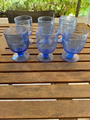 Set of 6 vintage blue bubble glass water wine juice glasses